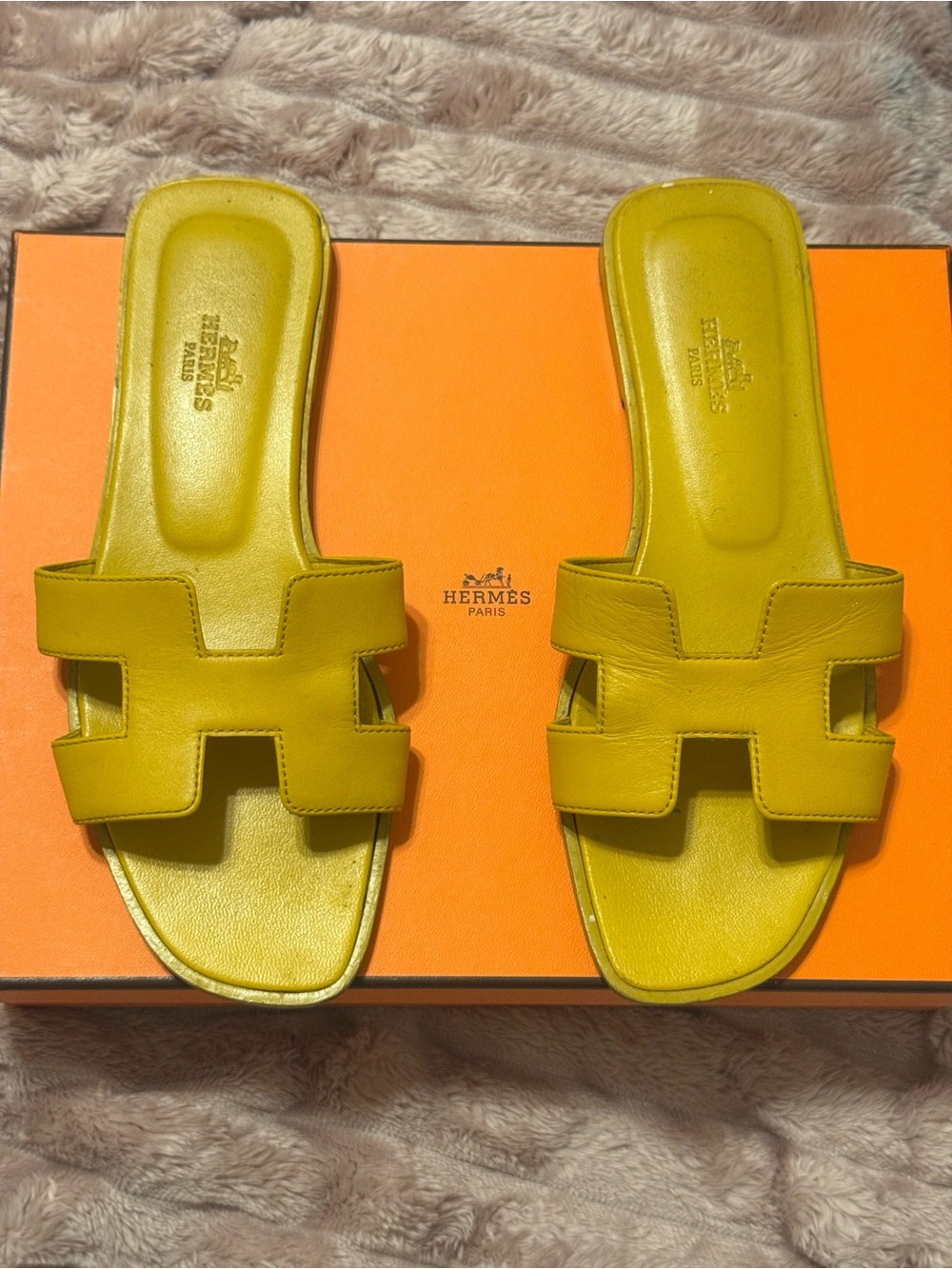 Hermes Yellow Oran Leather Slide Sandals